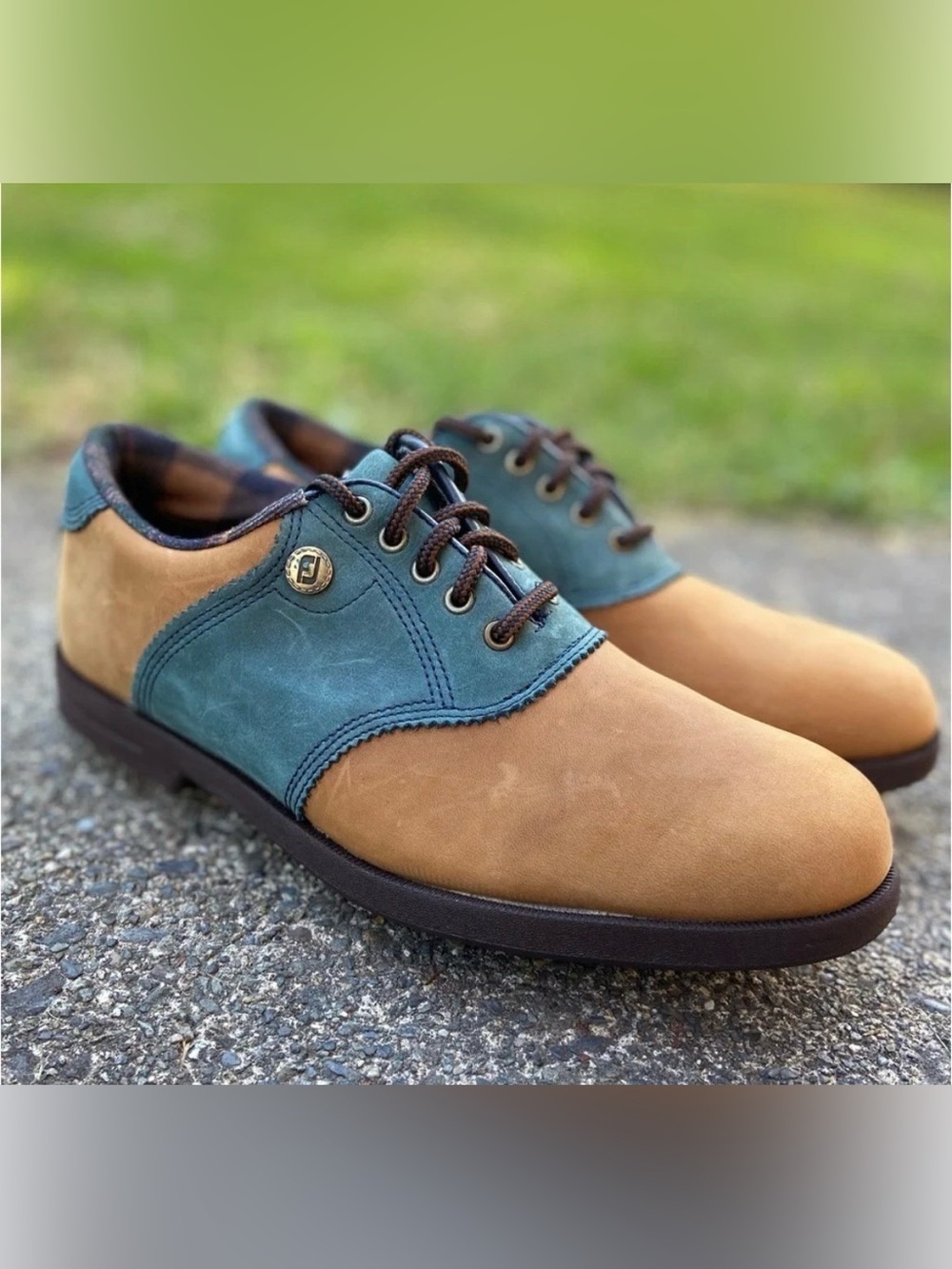 FootJoy Soft Joy Sierra Womens Size 7 Suede Leather Tan Blue Golf Shoes